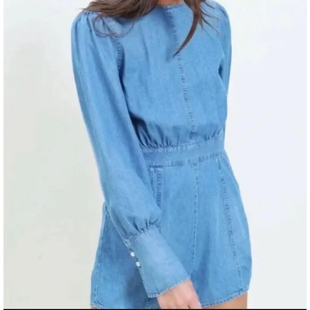 Something Navy Chambray Short Romper Long Sleeve Pearl Buttons Blue Large